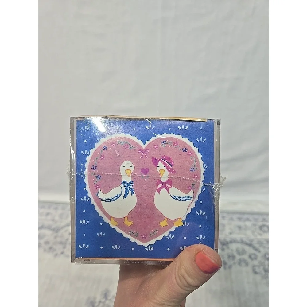 Vtg Country Hearts Goose MEMO CUBE Clear w/Pen Holder 600 Notes 3.5